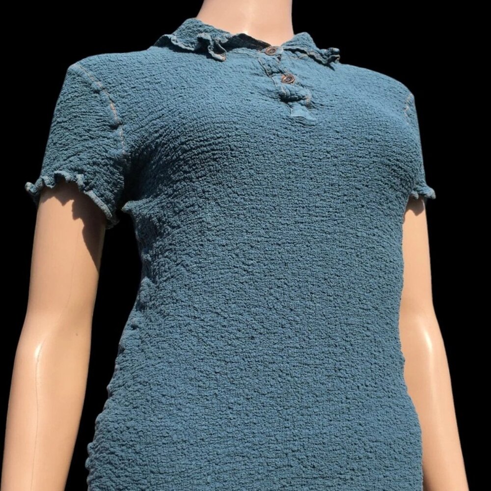 Women's ISSEY MIYAKE me Short Sleeve Navy Blue Wrinkle Pleated Polo Shirt Top M